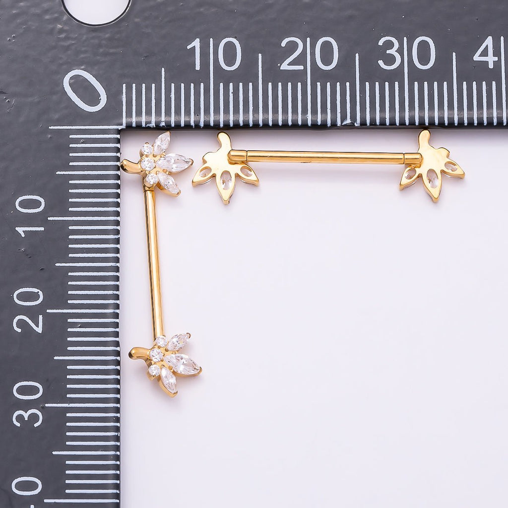 24K Gold Filled Clear CZ Marquise Flower Nipple Barbell Piercing Body Jewelry in Gold & Silver | BJ-00077 BJ-00078
