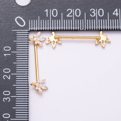 24K Gold Filled Clear CZ Marquise Flower Nipple Barbell Piercing Body Jewelry in Gold & Silver | BJ-00077 BJ-00078