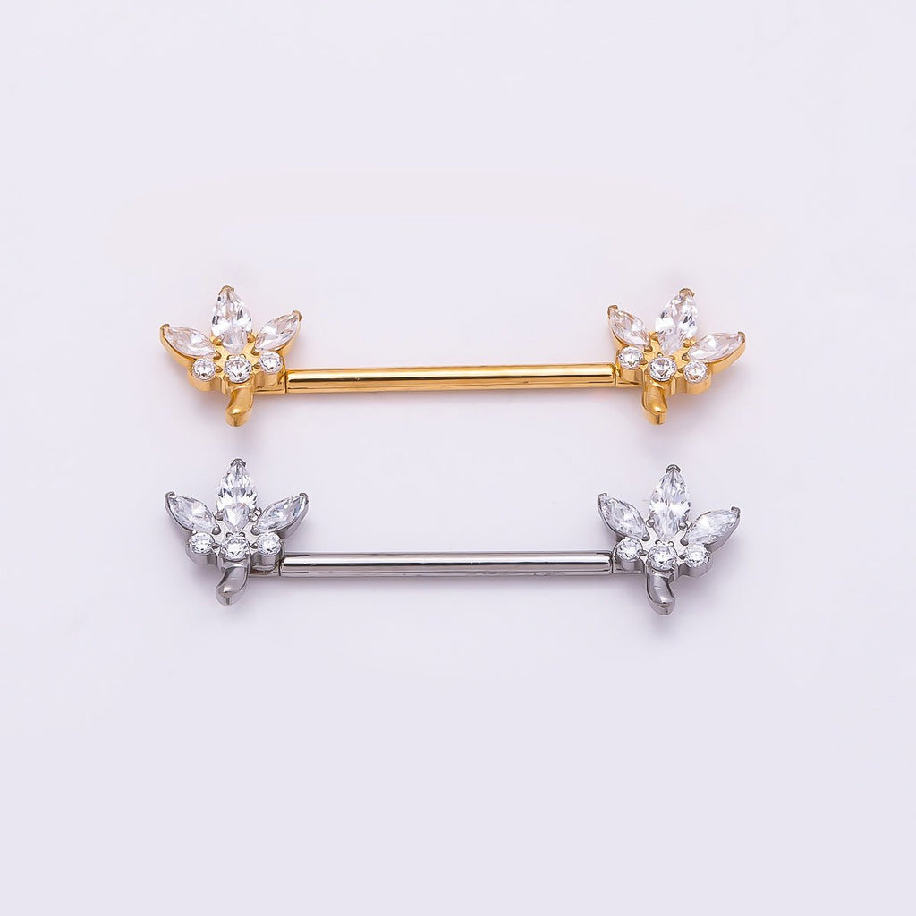 24K Gold Filled Clear CZ Marquise Flower Nipple Barbell Piercing Body Jewelry in Gold & Silver | BJ-00077 BJ-00078
