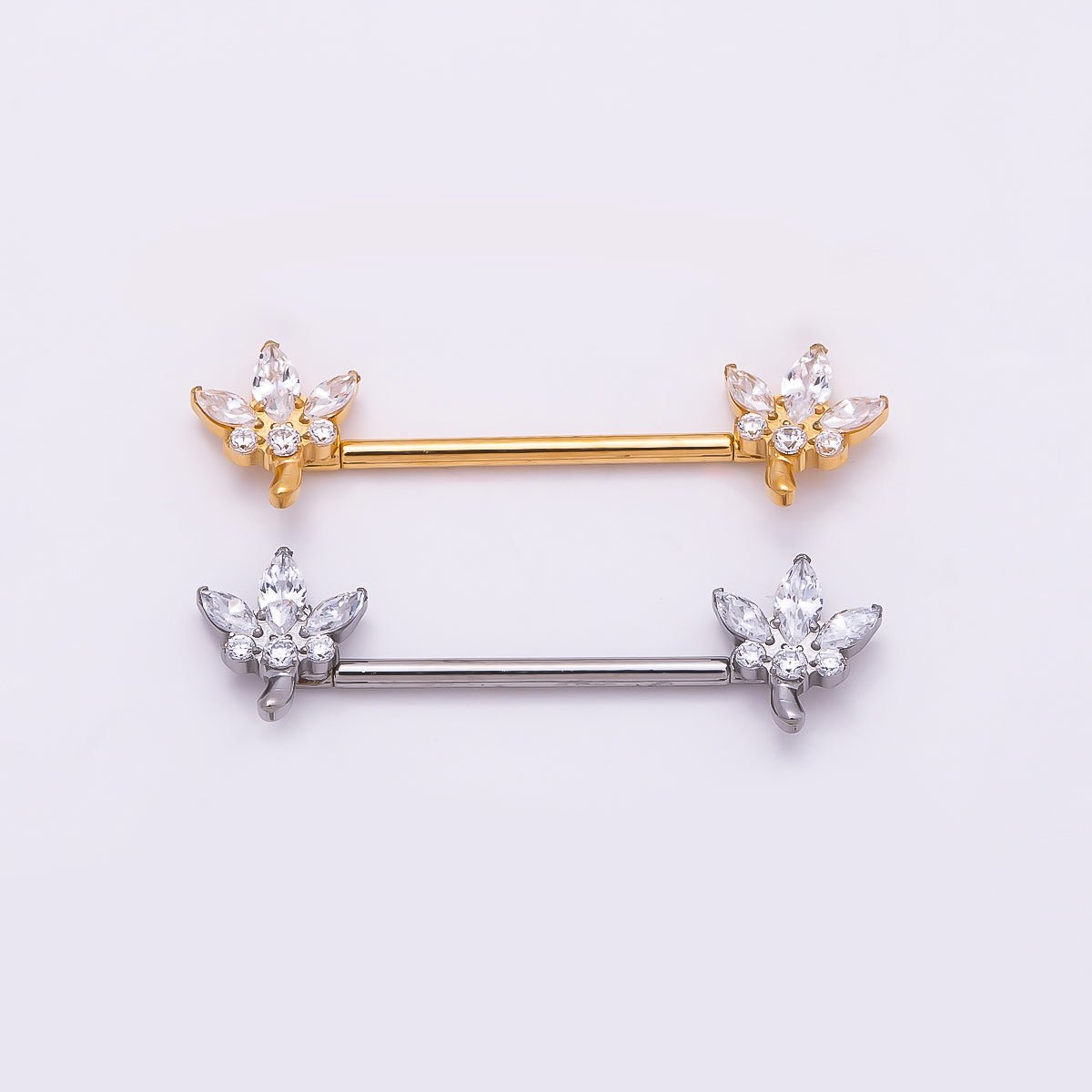 24K Gold Filled Clear CZ Marquise Flower Nipple Barbell Piercing Body Jewelry in Gold & Silver | BJ-00077 BJ-00078