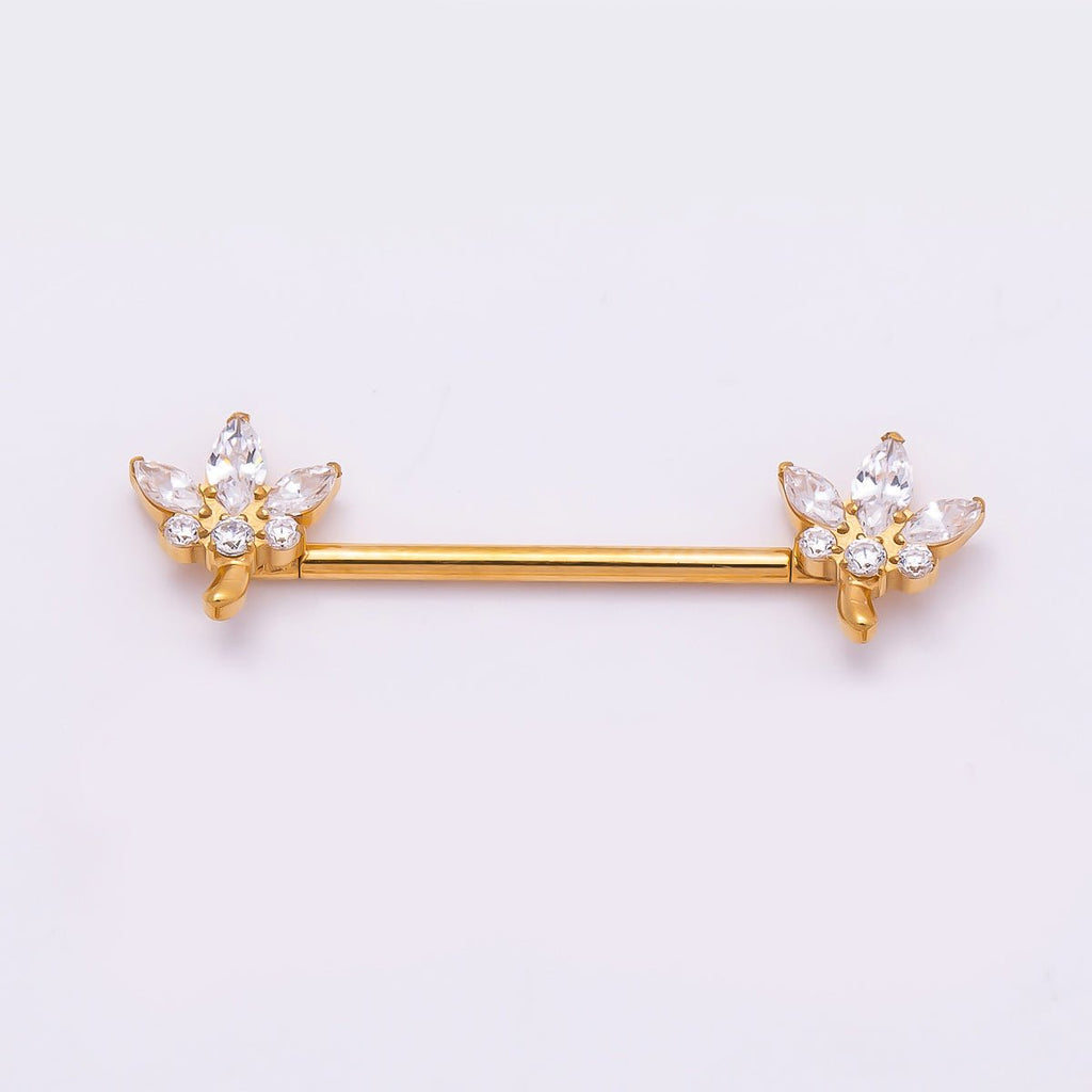 24K Gold Filled Clear CZ Marquise Flower Nipple Barbell Piercing Body Jewelry in Gold & Silver | BJ-00077 BJ-00078