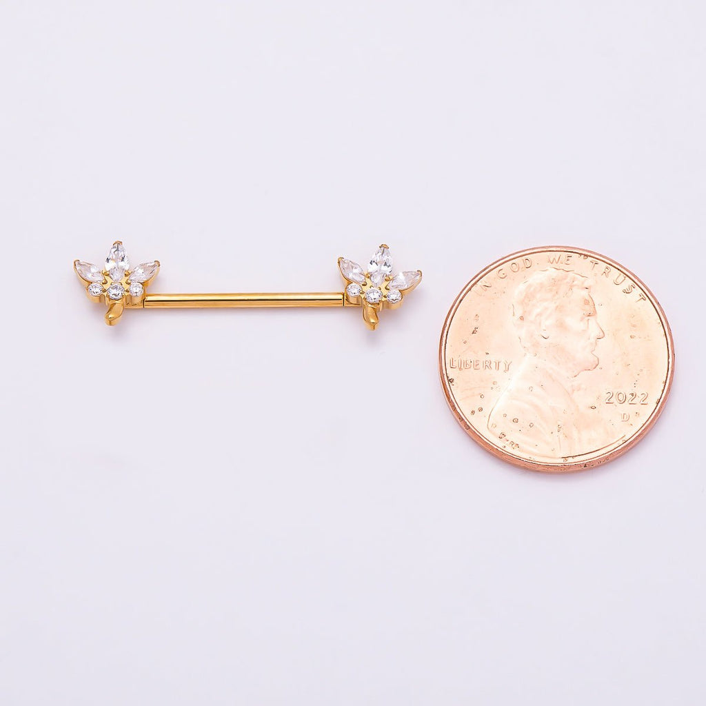 24K Gold Filled Clear CZ Marquise Flower Nipple Barbell Piercing Body Jewelry in Gold & Silver | BJ-00077 BJ-00078