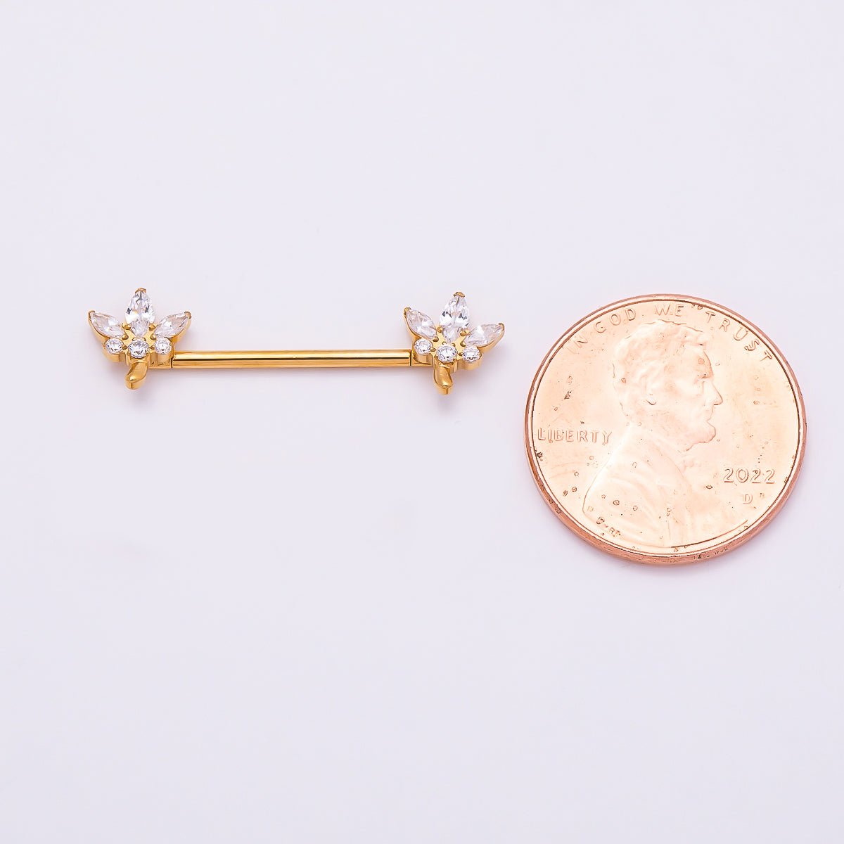 24K Gold Filled Clear CZ Marquise Flower Nipple Barbell Piercing Body Jewelry in Gold & Silver | BJ-00077 BJ-00078