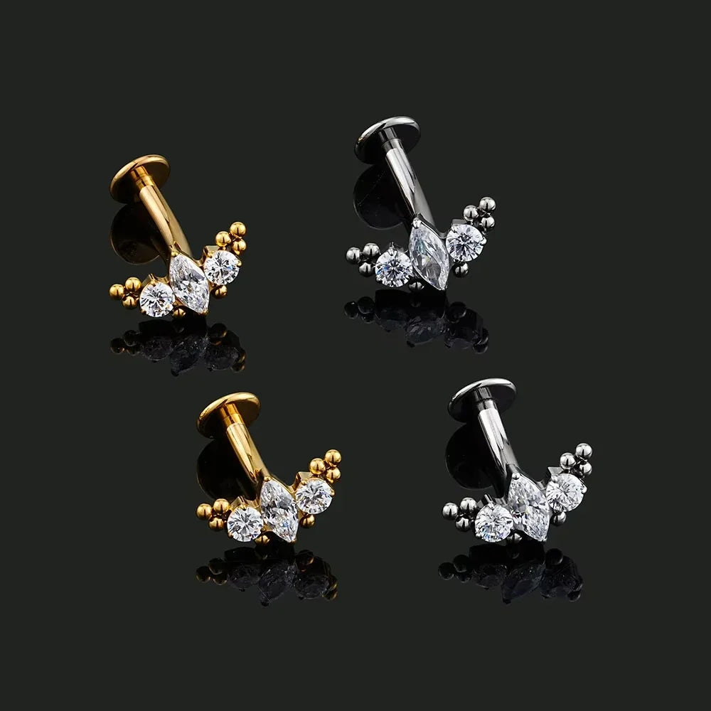 Titanium Leaf Branch Push In Threadless Labret Piercing Crystal Belly Button Ring Body Jewelry J