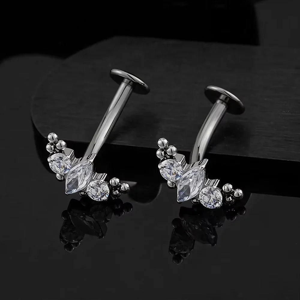 Titanium Leaf Branch Push In Threadless Labret Piercing Crystal Belly Button Ring Body Jewelry J