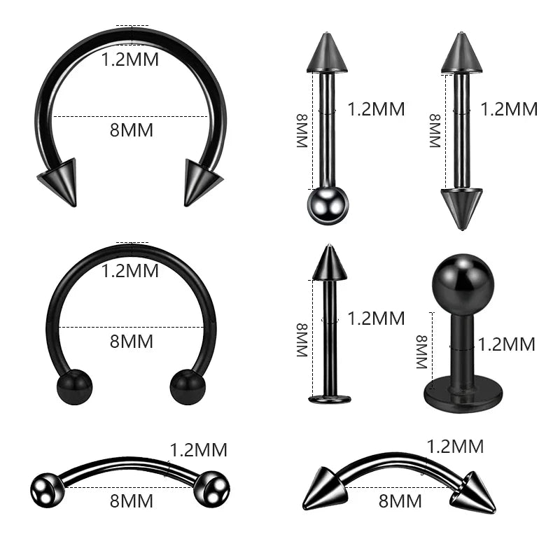 8PCS/Set Fashion Piercing Set Eyebrow Bar Lip Tongue Nose Pircing Stainless Steel Ear Studs Stainless Steel Mixed Body Jewelry