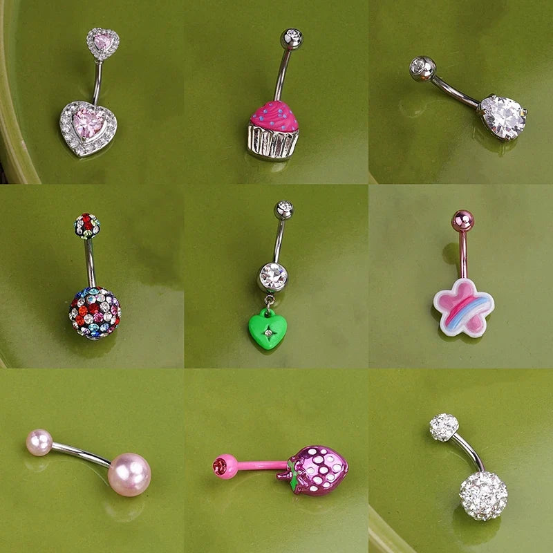 Sweet Dinosaur Navel Ring Zircon Heart Strawberry Belly Button Ring For Women Body Piercing Decor Vacation Leisure Beach Jewelry