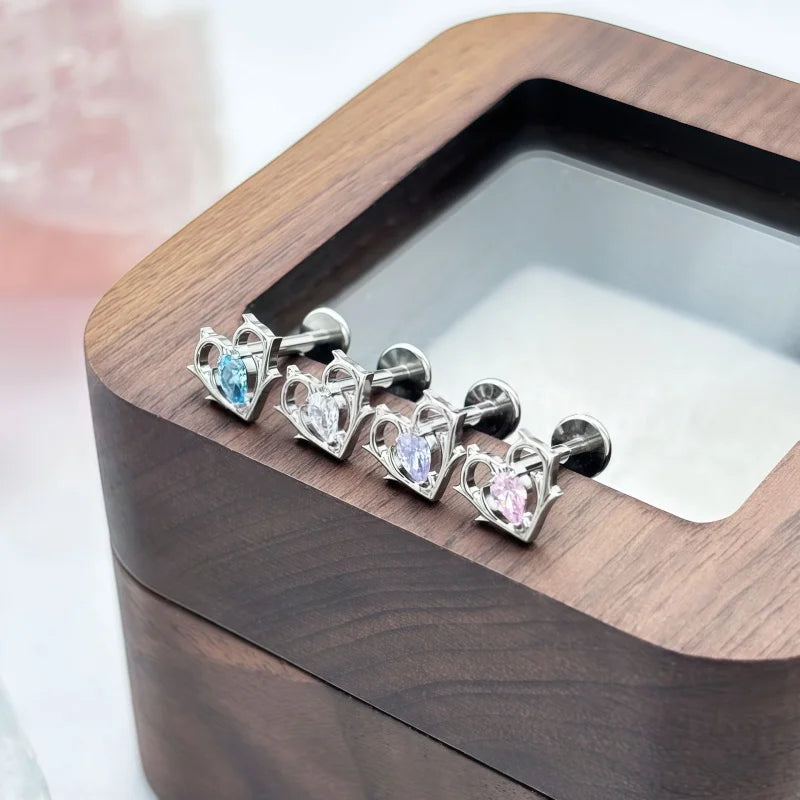 G23 Titanium Lip Piercing Stud Earring with Heart Design Teardrop CZ Nose Stud Internal Thread Helix Cartilage Labret Jewelry