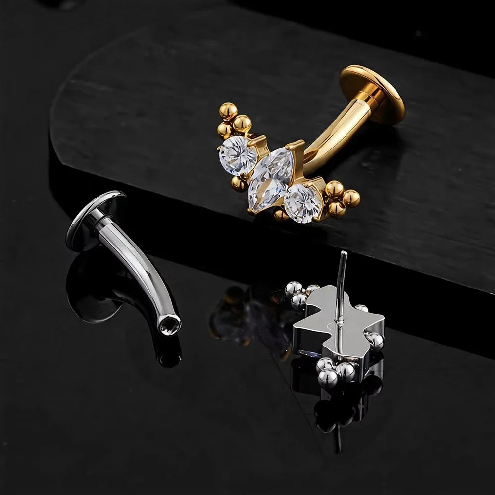 Titanium Leaf Branch Push In Threadless Labret Piercing Crystal Belly Button Ring Body Jewelry J