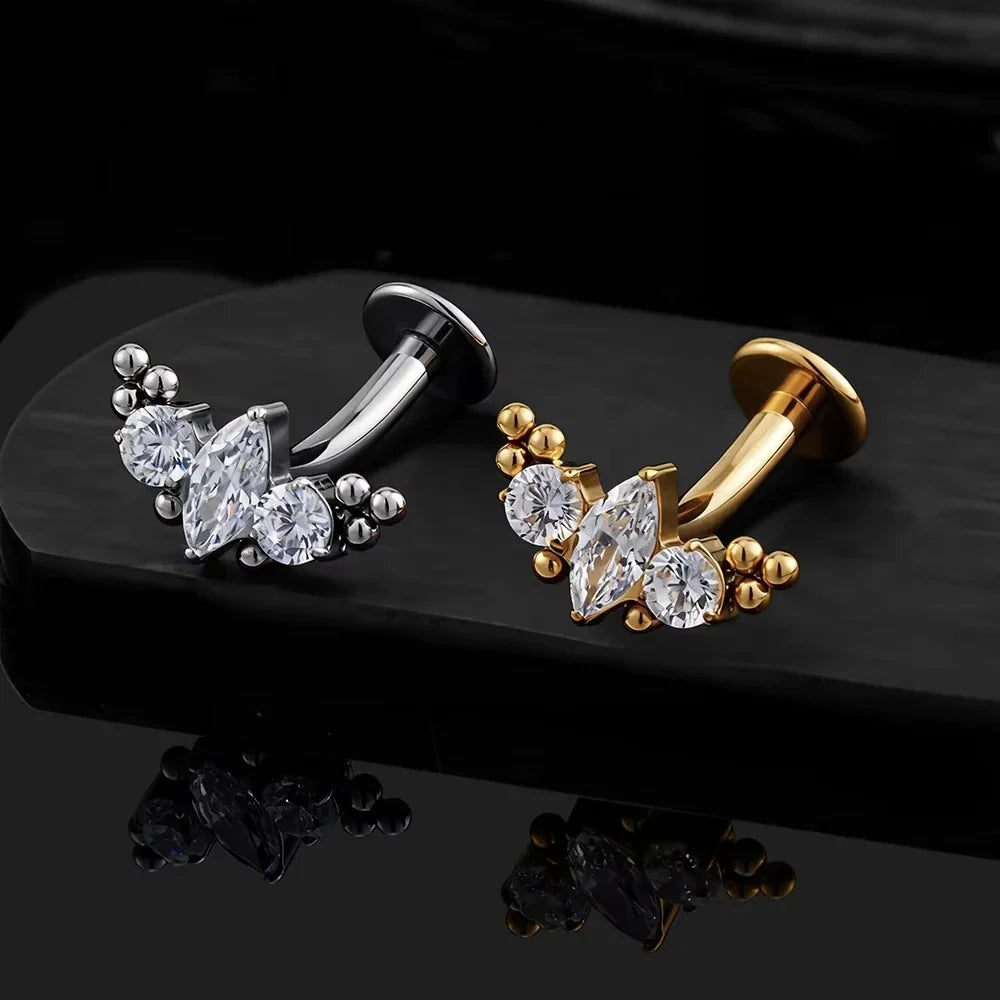 Titanium Leaf Branch Push In Threadless Labret Piercing Crystal Belly Button Ring Body Jewelry J