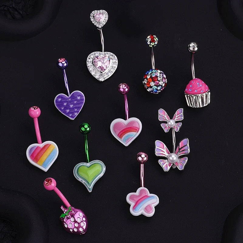 Sweet Dinosaur Navel Ring Zircon Heart Strawberry Belly Button Ring For Women Body Piercing Decor Vacation Leisure Beach Jewelry