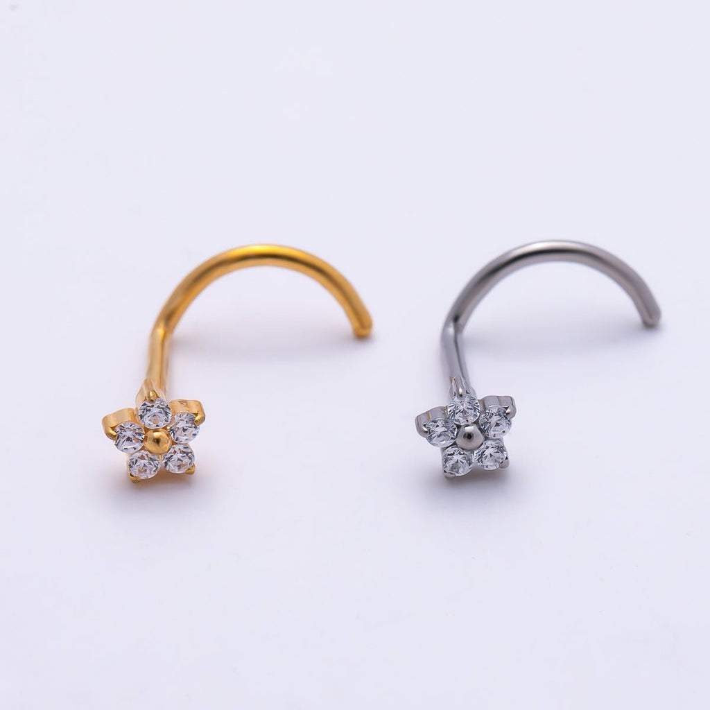 Titanium 3mm Clear CZ Flower Cartilage Nose Single Piercing Stud in Gold & Silver | BJ-00230 BJ-00231