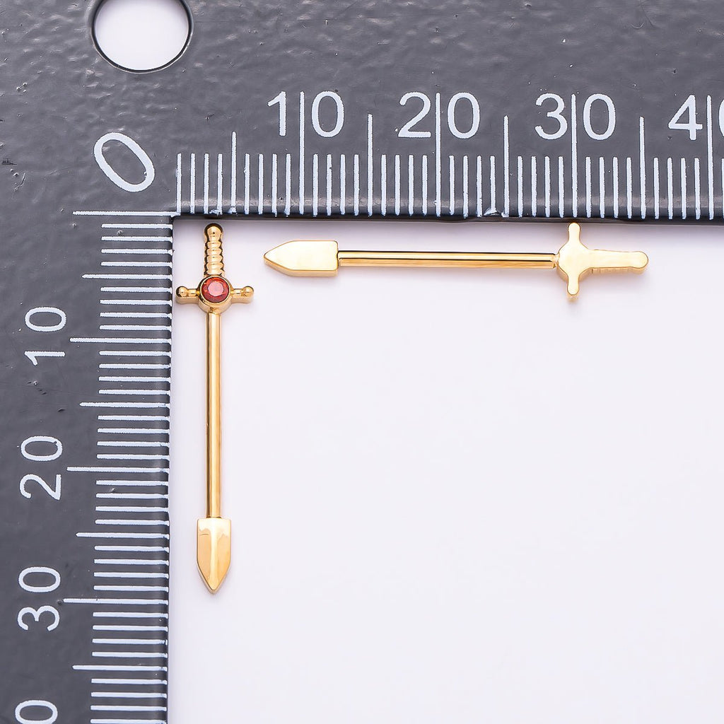 Titanium CZ Sword Nipple Barbell Piercing Body Jewelry in Gold & Silver | BJ-00106 BJ-00107