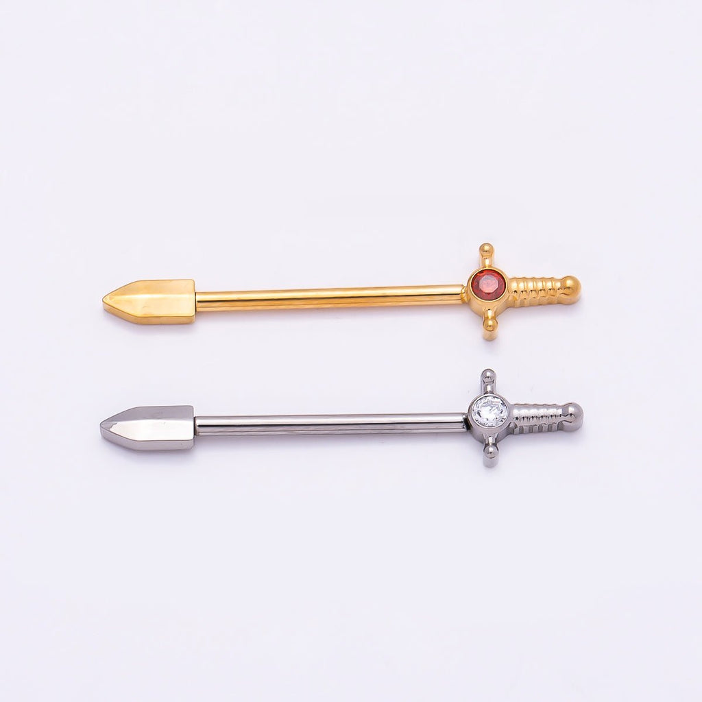 Titanium CZ Sword Nipple Barbell Piercing Body Jewelry in Gold & Silver | BJ-00106 BJ-00107